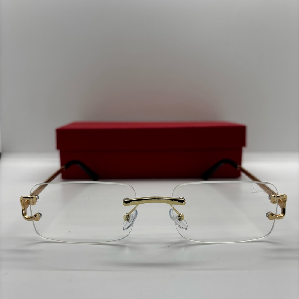 Unisex Rectangle C Rimless Clear Lens Glasses with Gold Accents